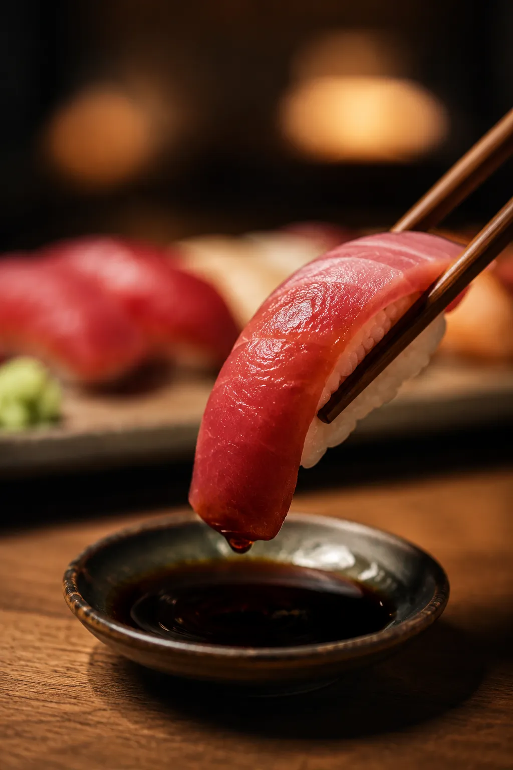 Eating nigiri sushi by dipping the tuna lightly into soy sauce