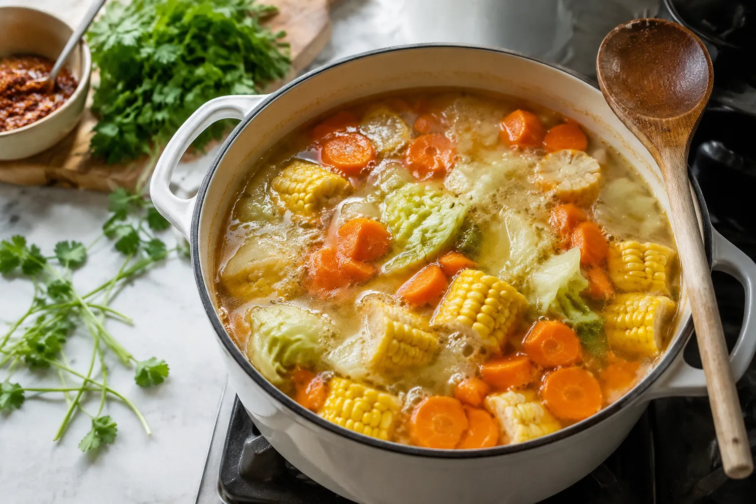 Adding vegetables to caldo de res Mexican beef soup