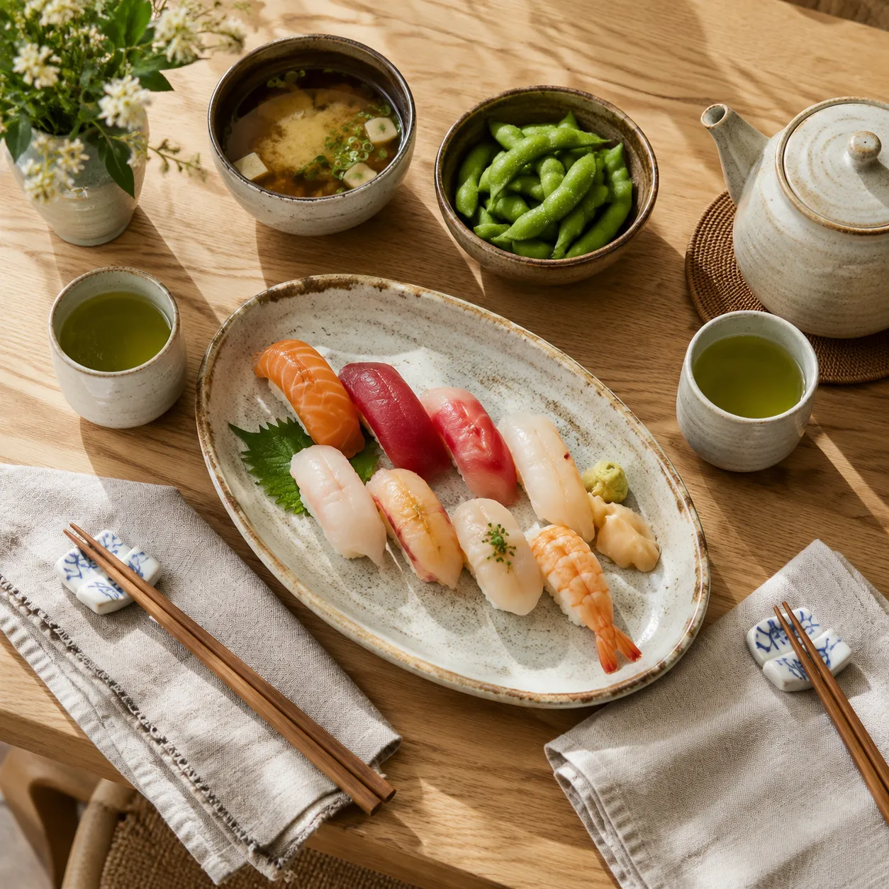Nigiri sushi served with miso soup, edamame, and green tea