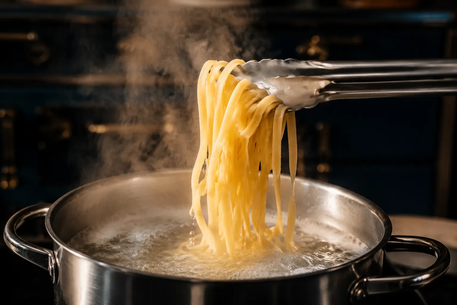 Cooking fresh tagliatelle in boiling salted water until al dente
