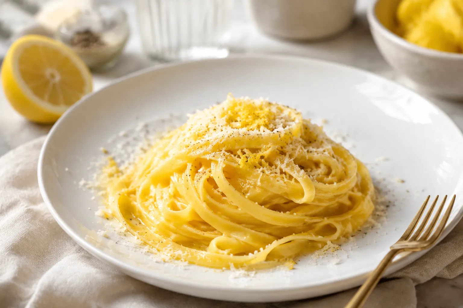 Lemon butter tagliatelle plated with parmesan and lemon zest