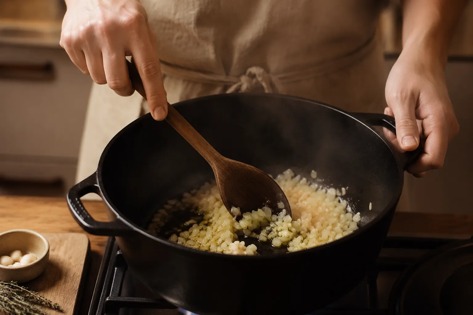 Sautéing onions and garlic for homemade Brunswick stew