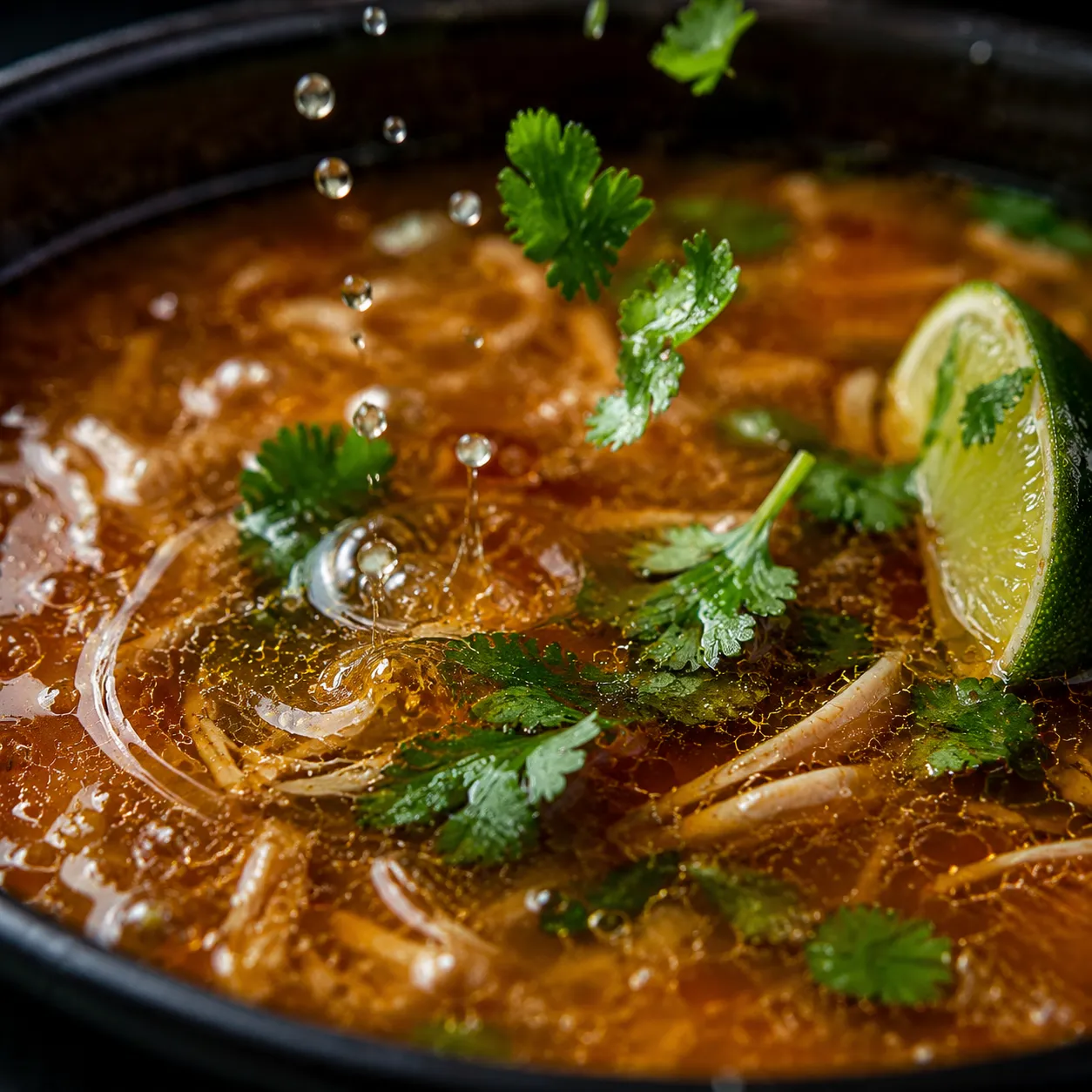 Fresh cilantro and lime being added to finished caldo de res