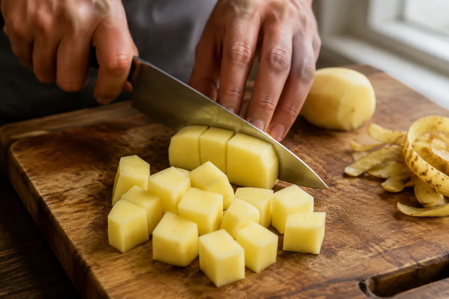 Cutting Yukon Gold potatoes into chunks for mashed potatoes