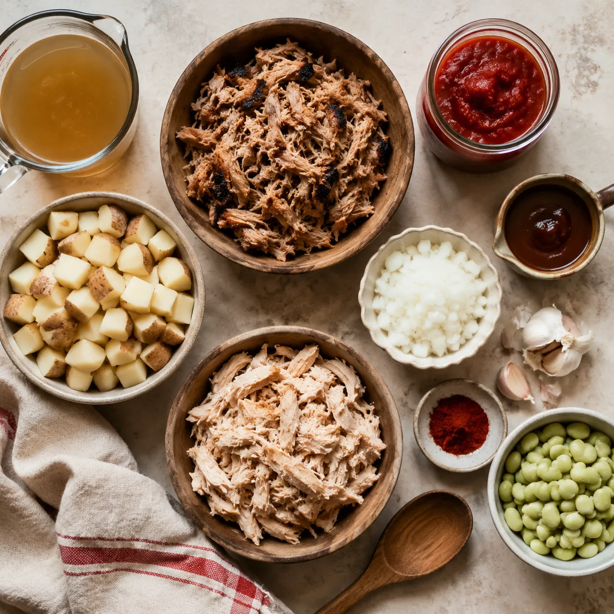 Brunswick stew ingredients laid out including pulled pork, chicken, corn, and lima beans