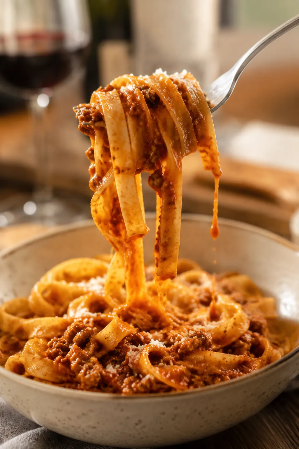 Fork twirling a bite of saucy tagliatelle above the bowl
