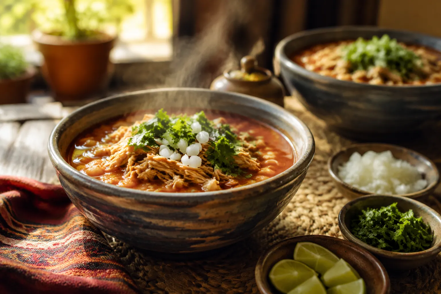 Two bowls of finished caldo de res with toppings on a rustic table