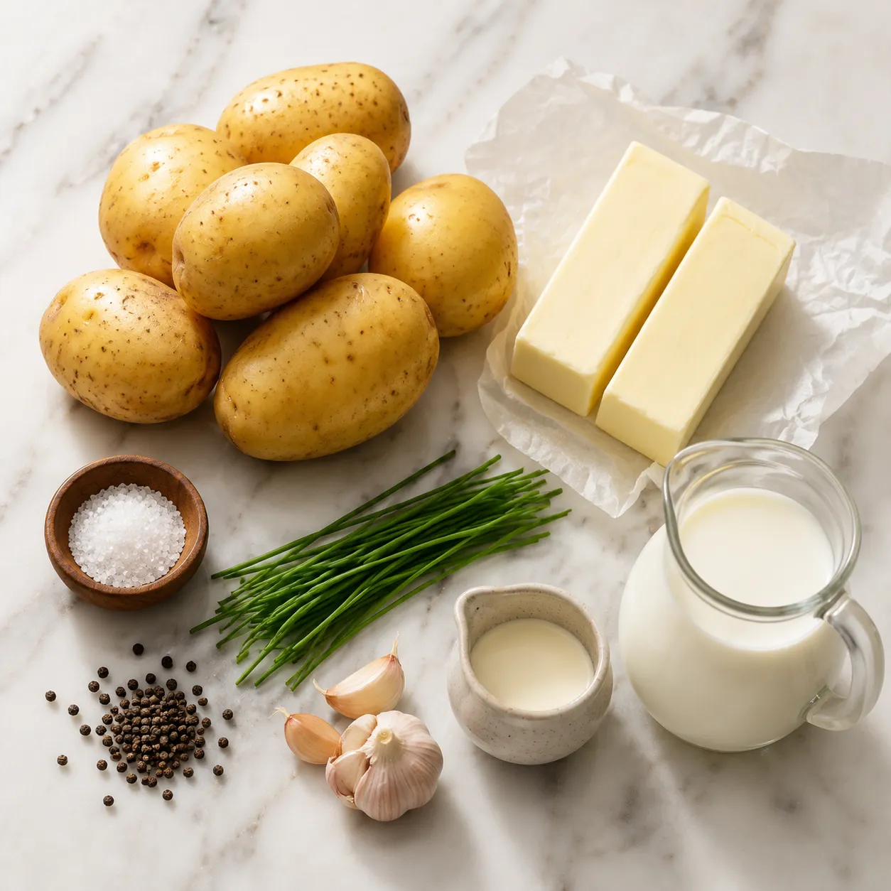 Ingredients for easy mashed potatoes recipe flatlay on marble