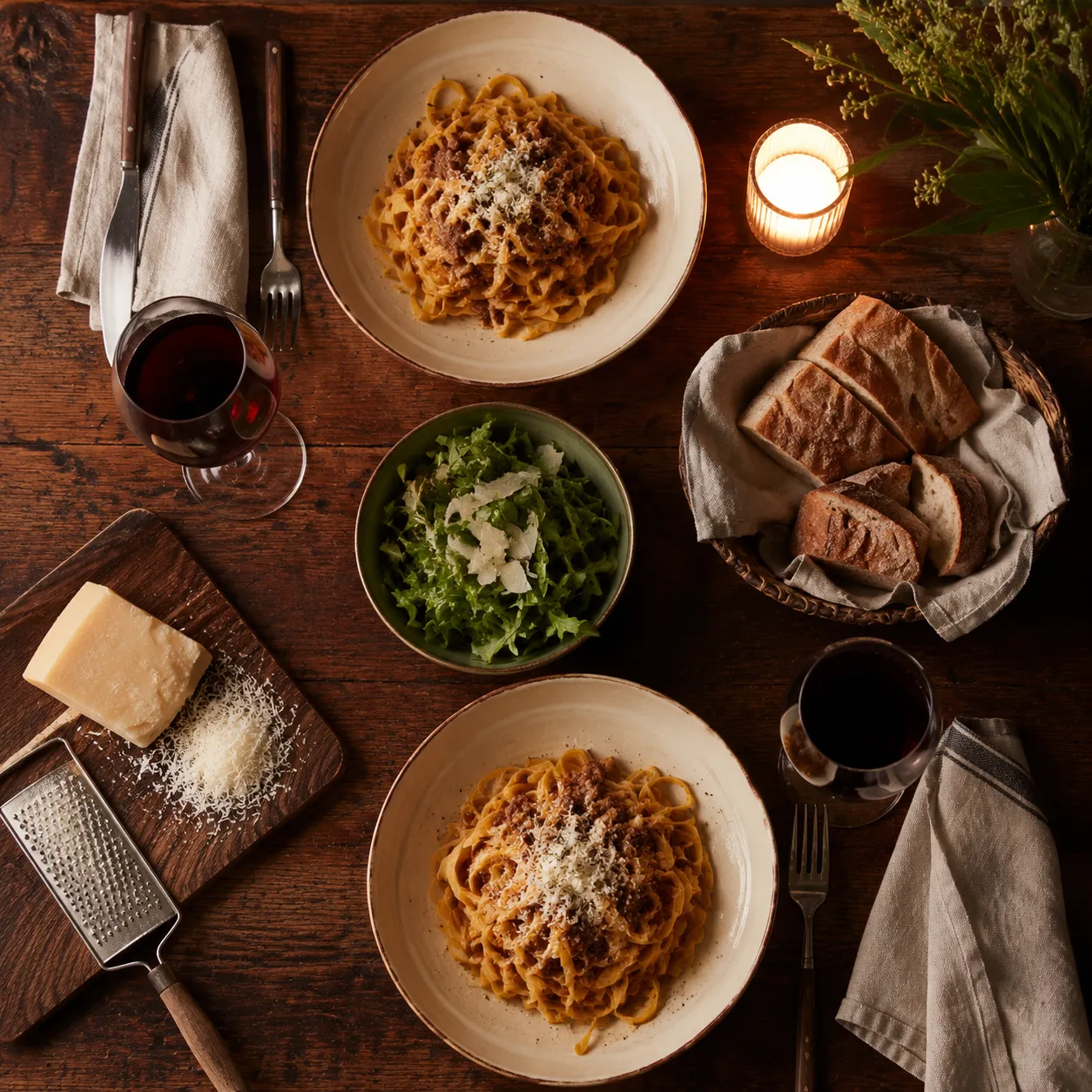 Tagliatelle dinner table scene with bread, salad, and red wine