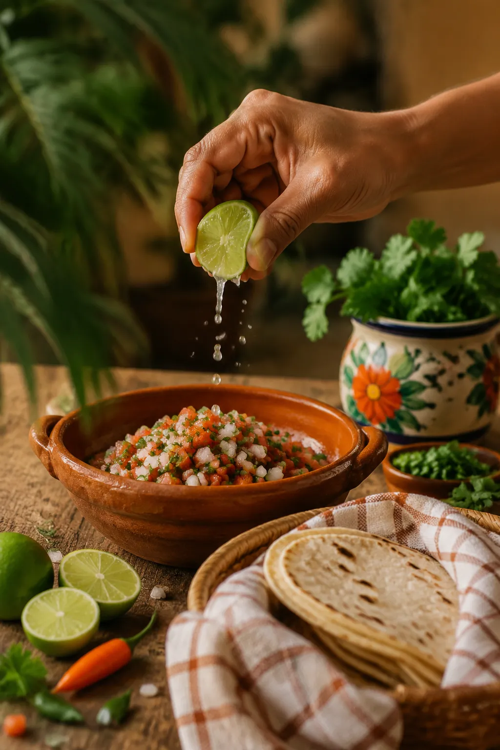 Squeezing lime over a bowl of caldo de res with warm corn tortillas
