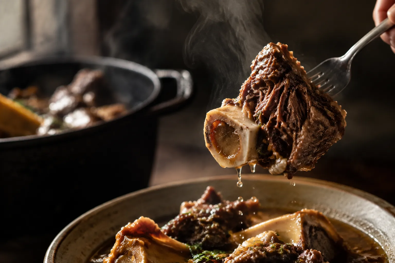 Ladle lifting tender beef shank and marrow from caldo de res