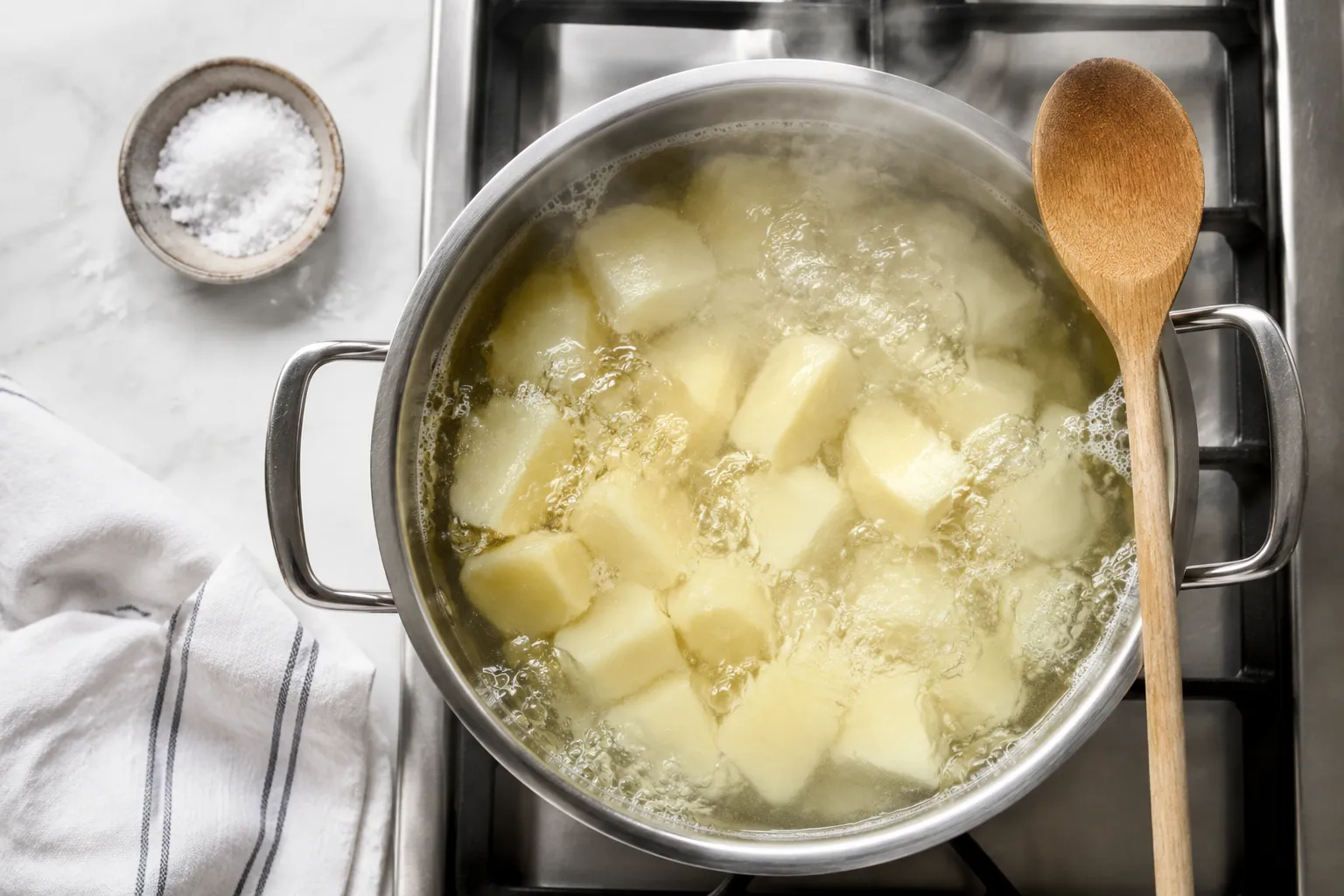 Potatoes boiling in salted water for homemade mashed potatoes
