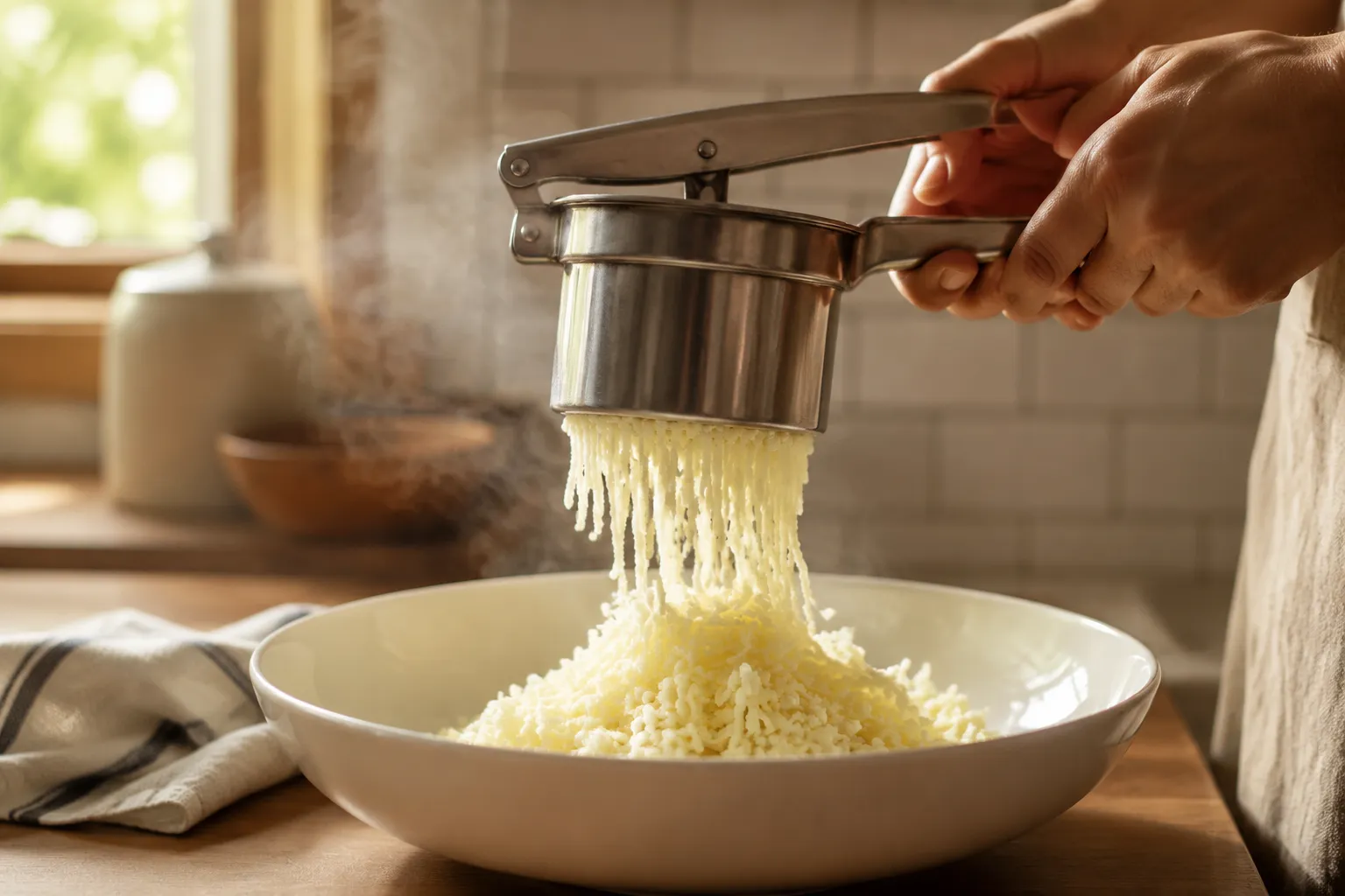 Pressing potatoes through a ricer for fluffy mashed potatoes