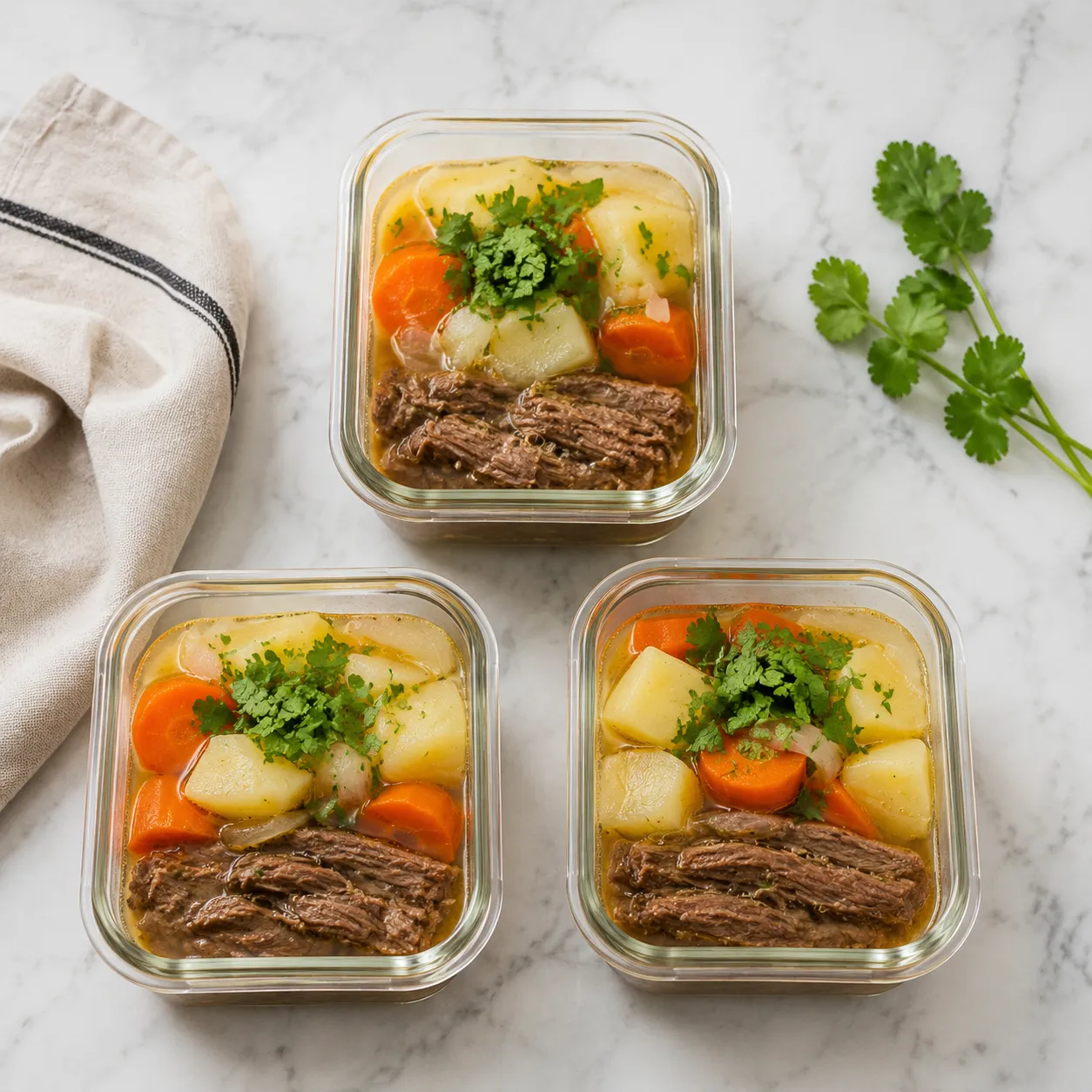 Caldo de res stored in glass meal prep containers for the week