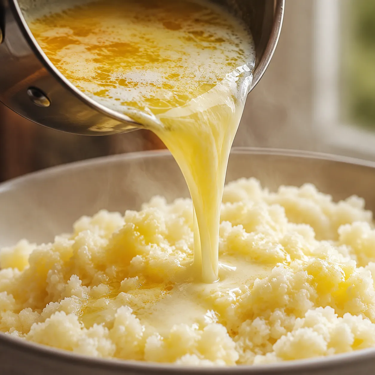 Pouring warm butter and milk into riced potatoes