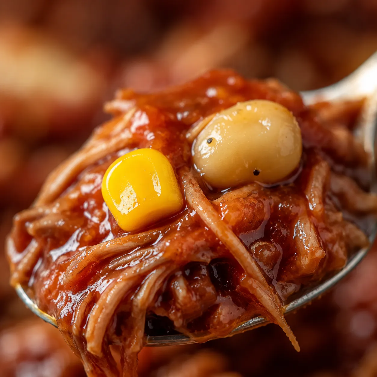 Close-up of Brunswick stew on a wooden spoon with pork and corn