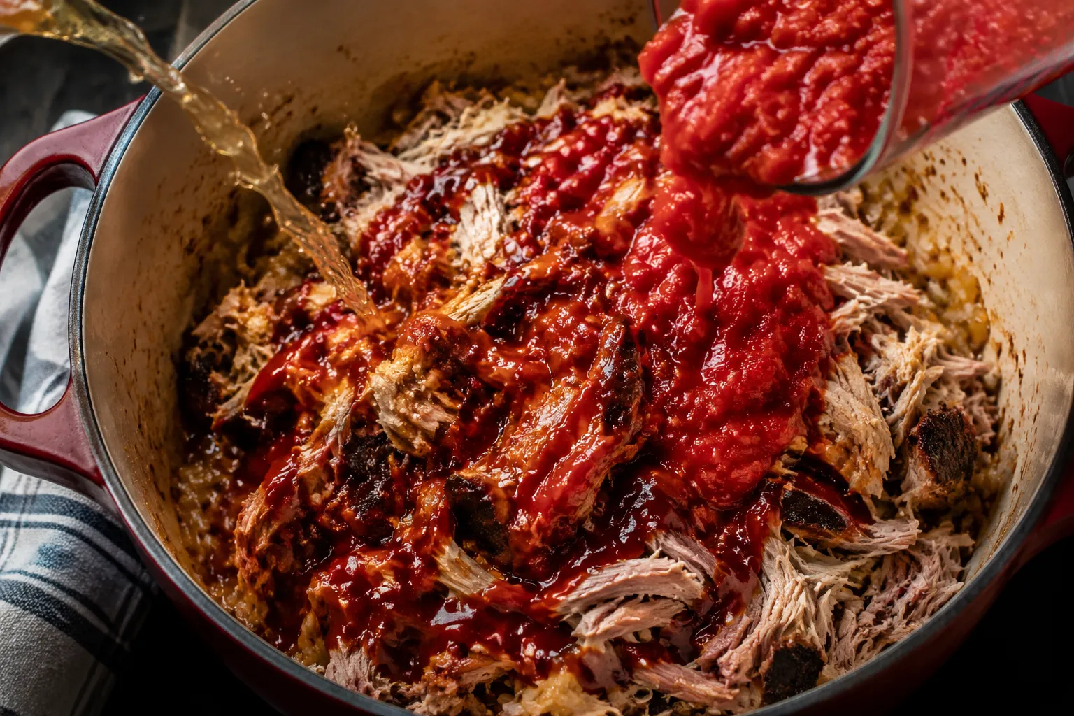 Adding tomatoes and BBQ sauce to Brunswick stew base