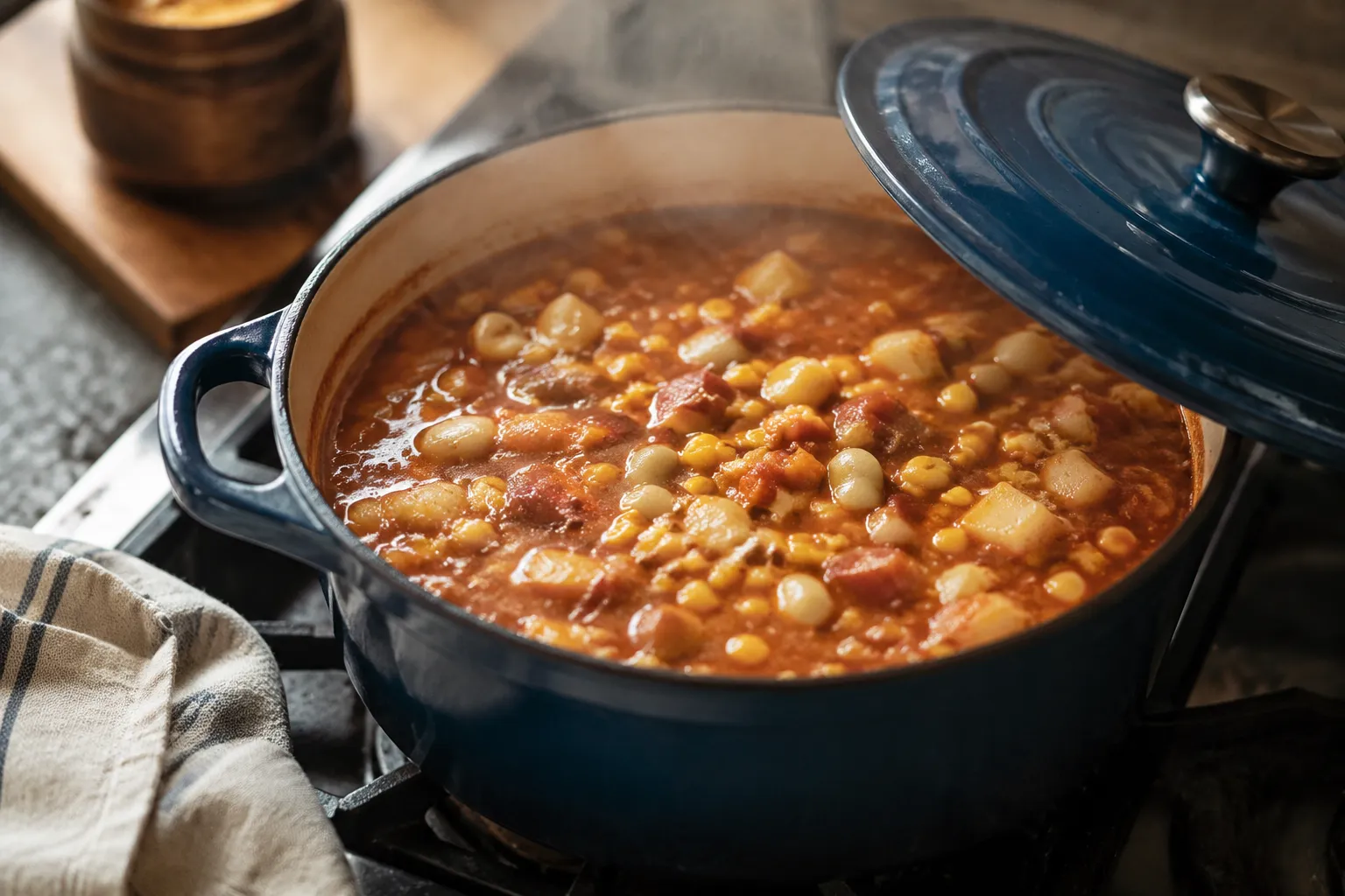 Brunswick stew simmering with corn, lima beans, and potatoes