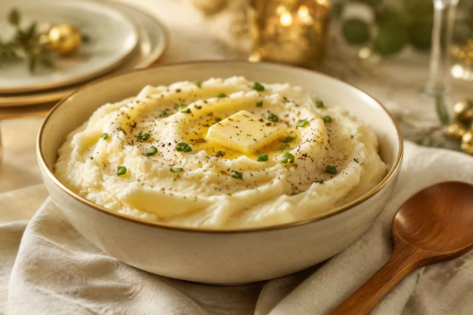 Finished creamy mashed potatoes with melting butter pat