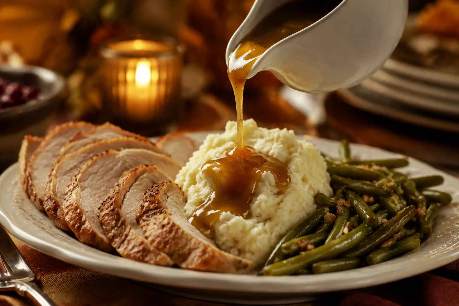 Mashed potatoes served with roast turkey and gravy on dinner plate
