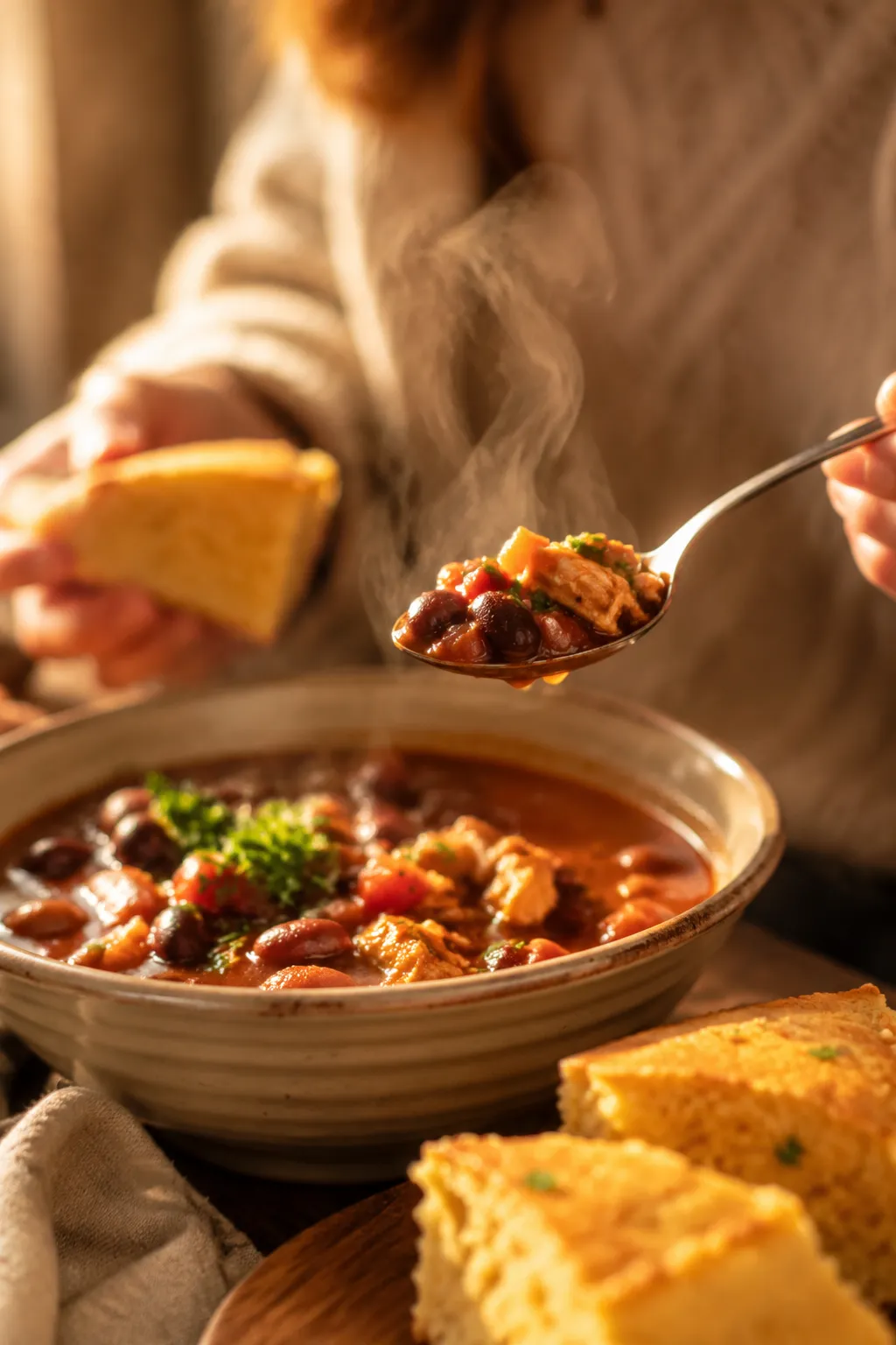 Spoonful of steaming Brunswick stew lifted from a rustic bowl