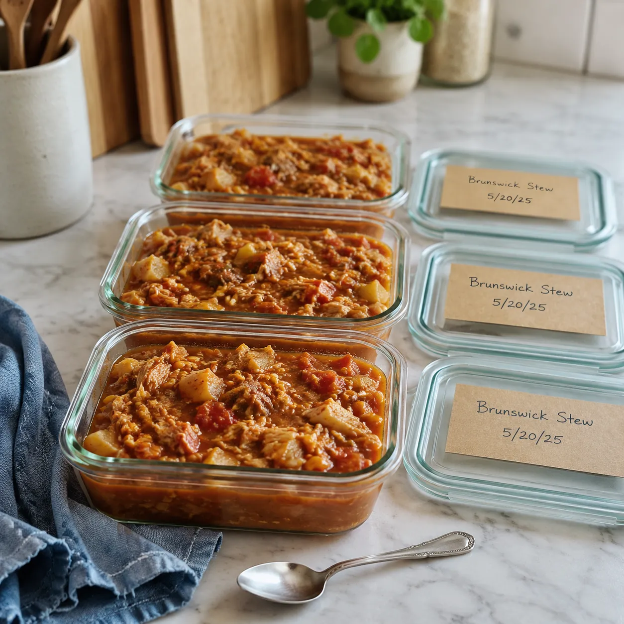 Brunswick stew stored in glass meal prep containers for the freezer