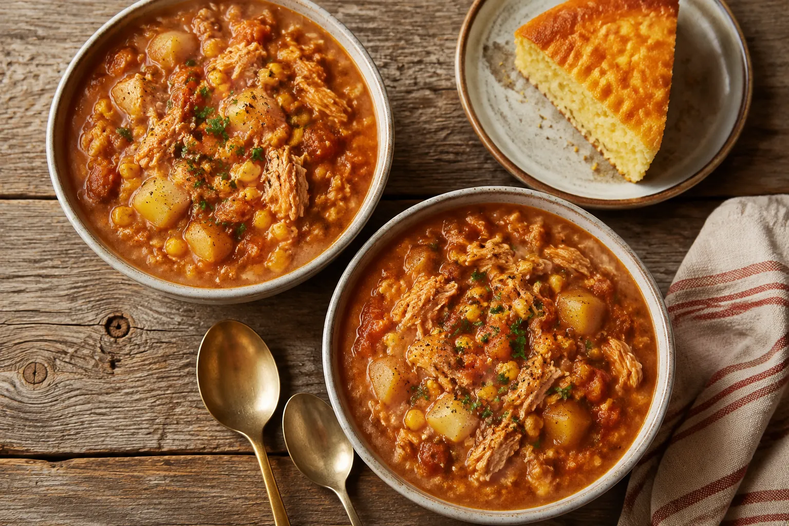 Two bowls of Georgia Brunswick stew served with cornbread