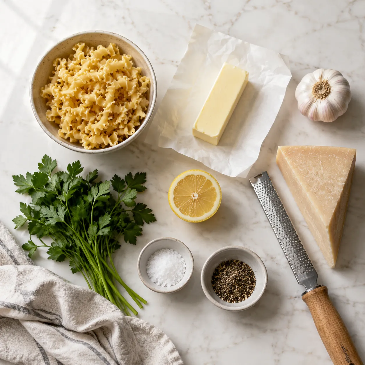 Campanelle pasta ingredients flatlay with butter, garlic, parmesan, and lemon