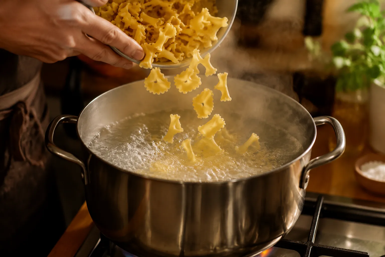 Adding campanelle pasta to a pot of boiling salted water