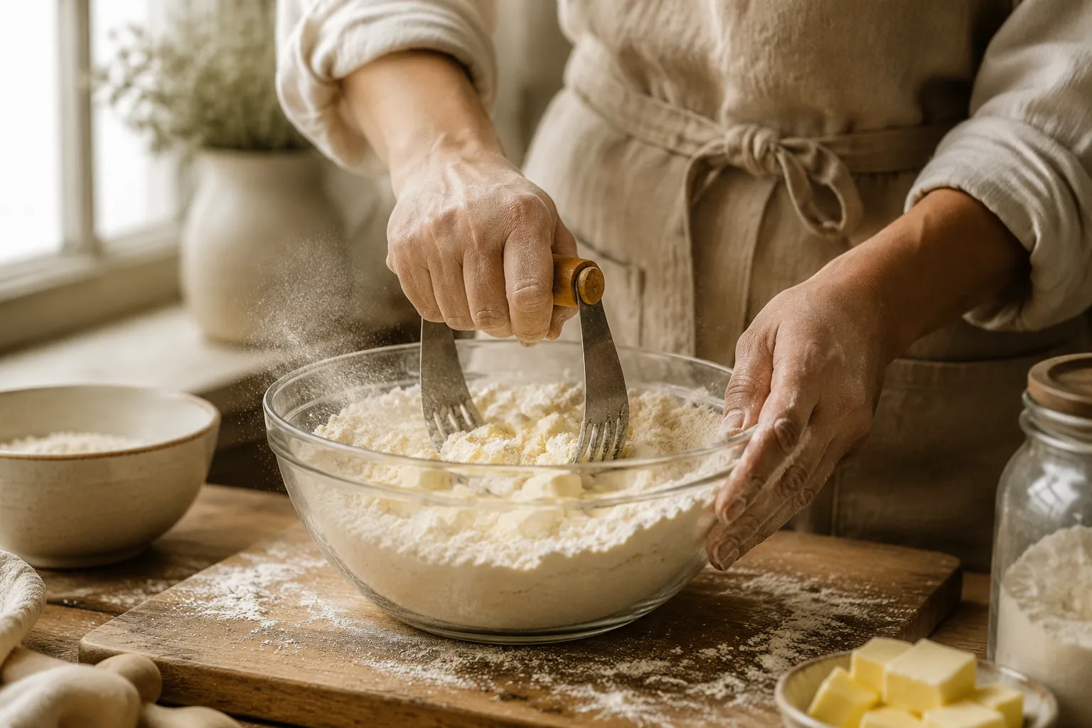 Cutting butter into flour for flaky pie crust dough.