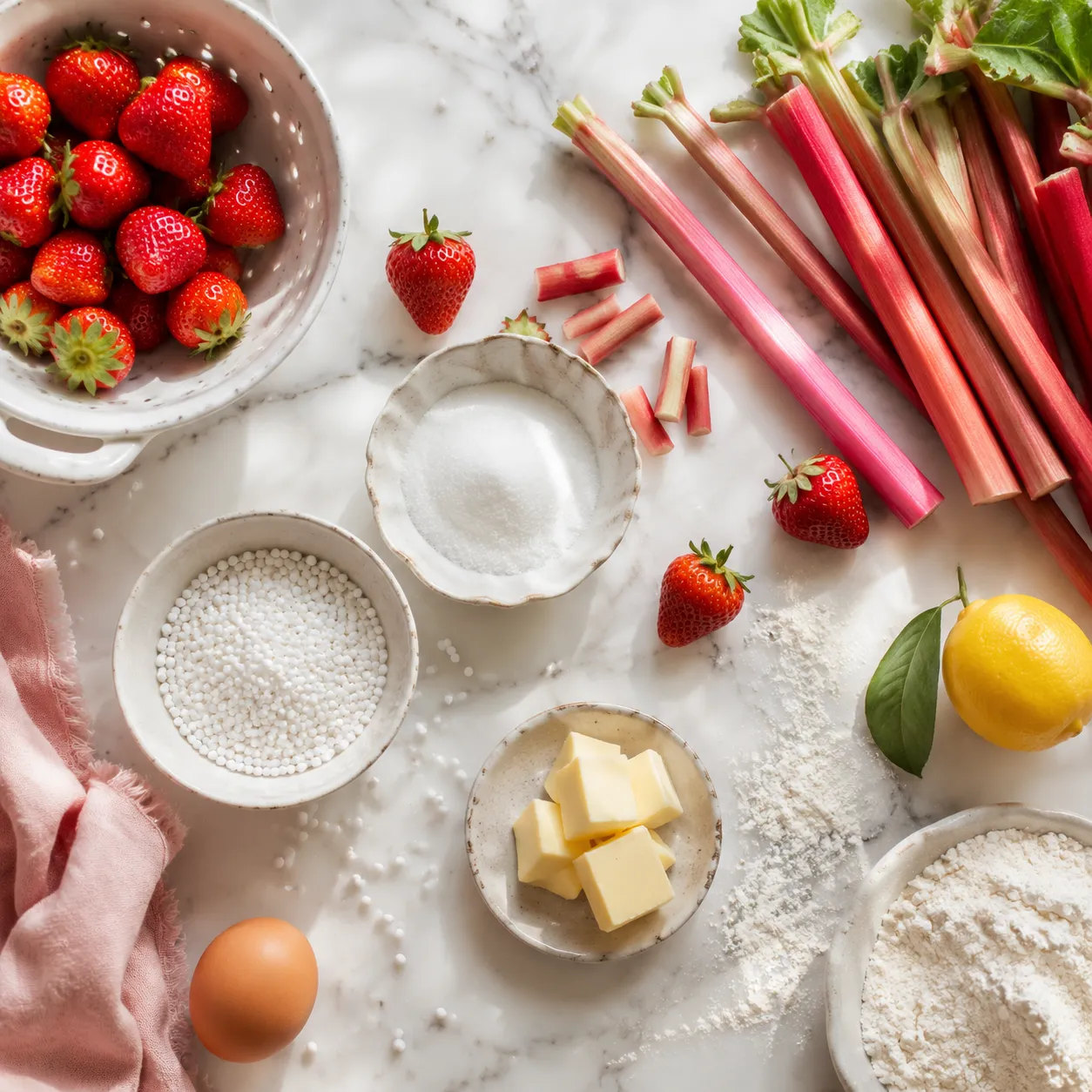 Ingredients for strawberry rhubarb pie laid out on marble counter.