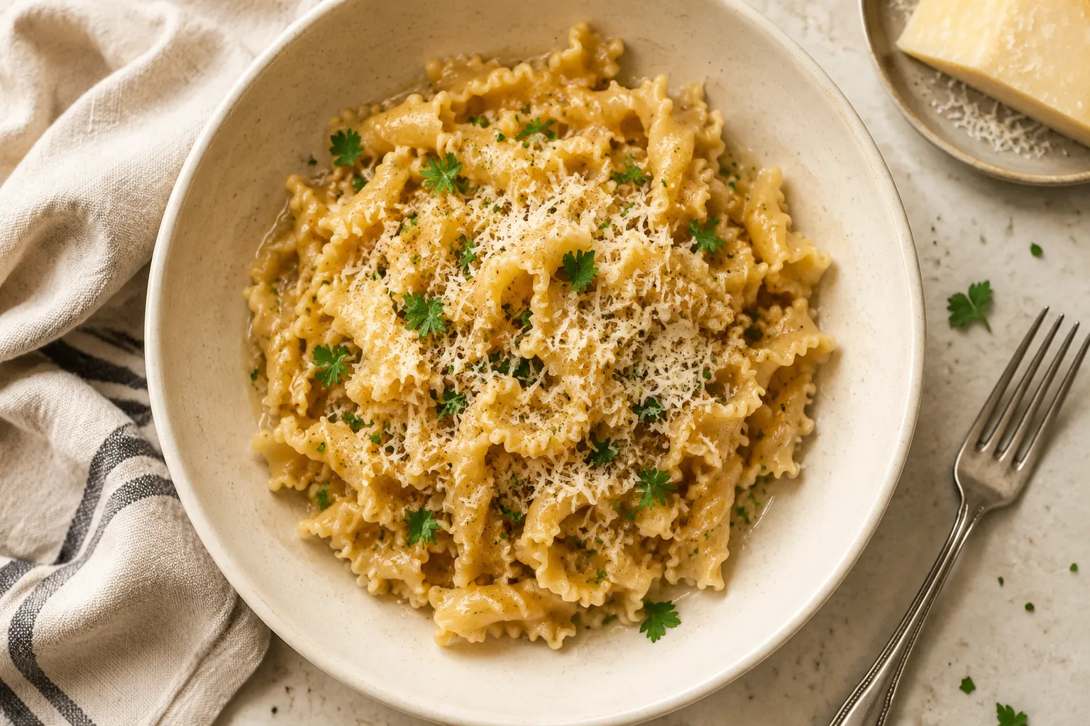 Finished campanelle pasta with brown butter parmesan and parsley overhead