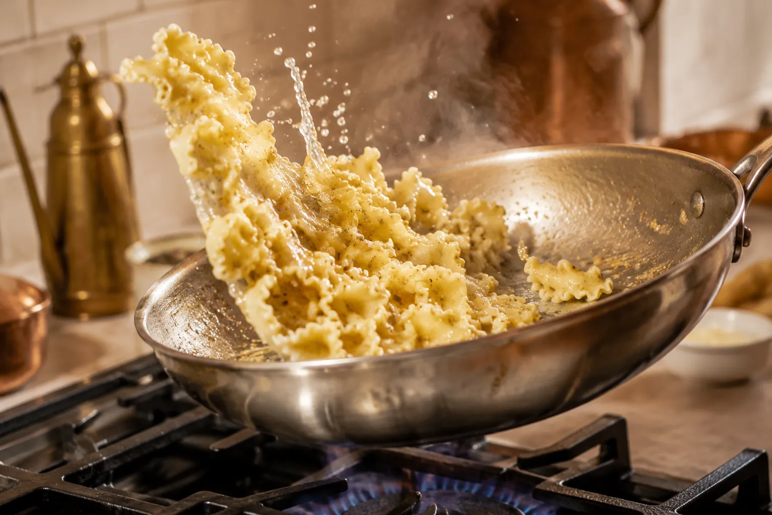 Tossing cooked campanelle pasta with brown butter and garlic in a skillet