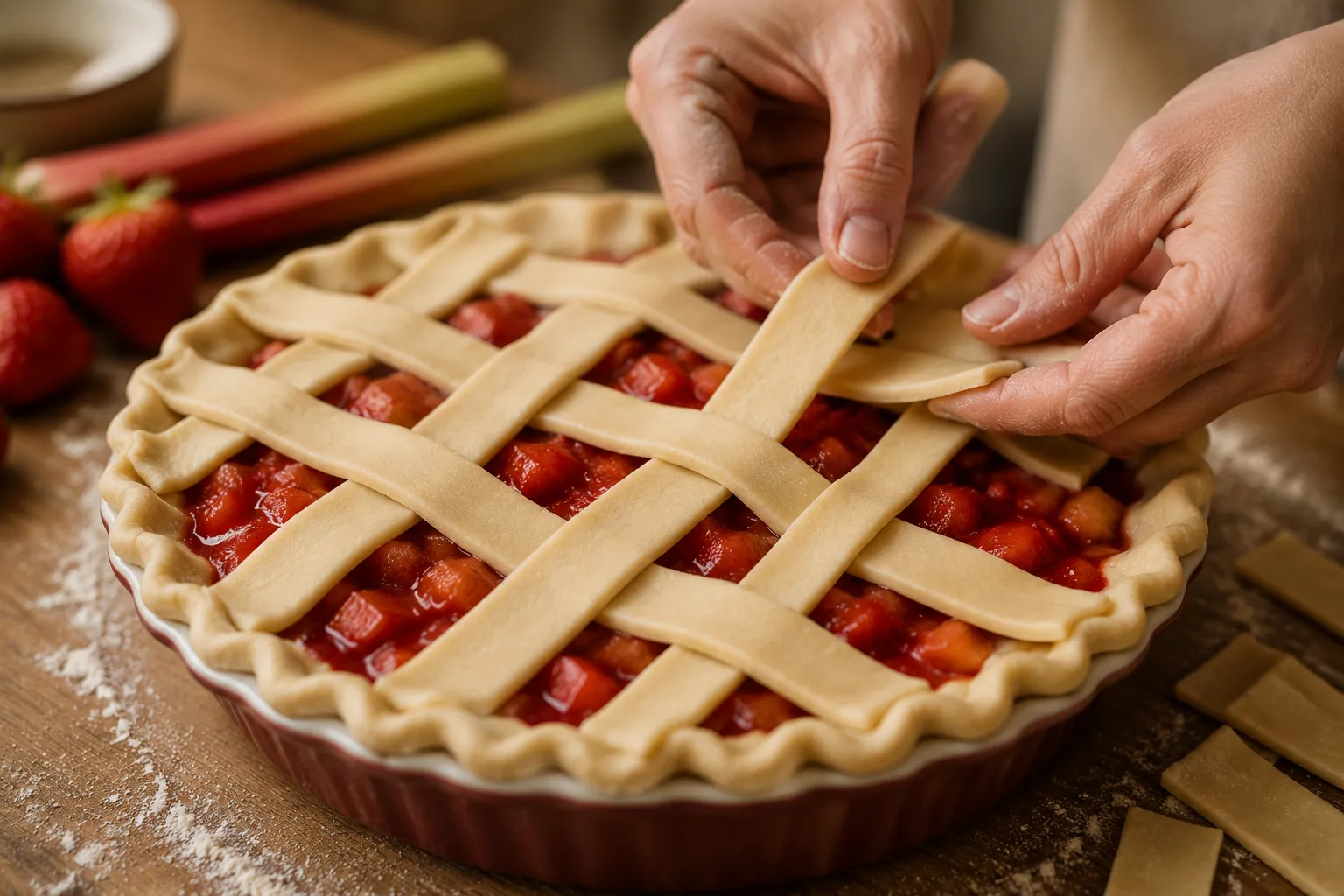Weaving a lattice top crust over strawberry rhubarb pie filling.