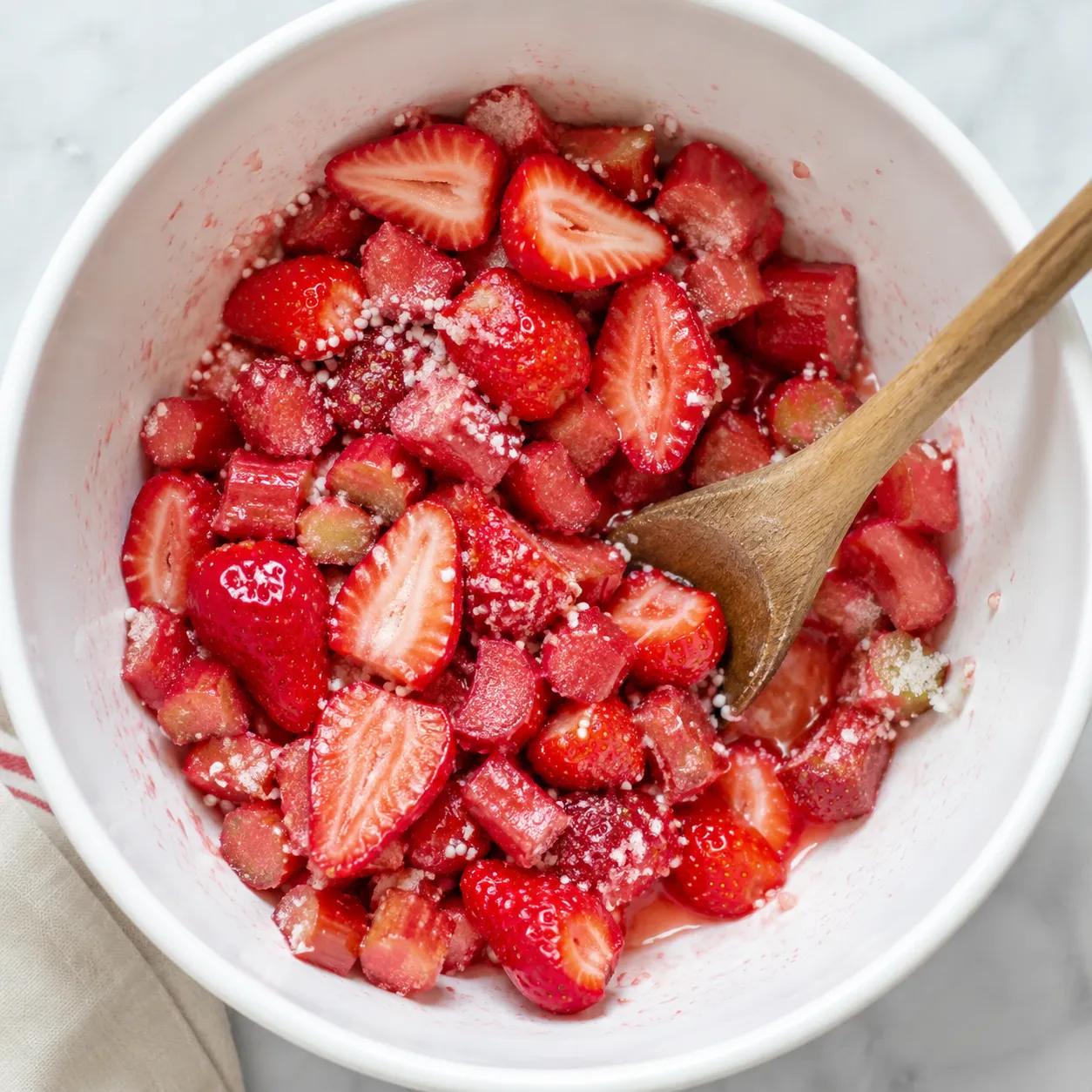 Strawberry pie filling mixture with rhubarb and sugar in a bowl.