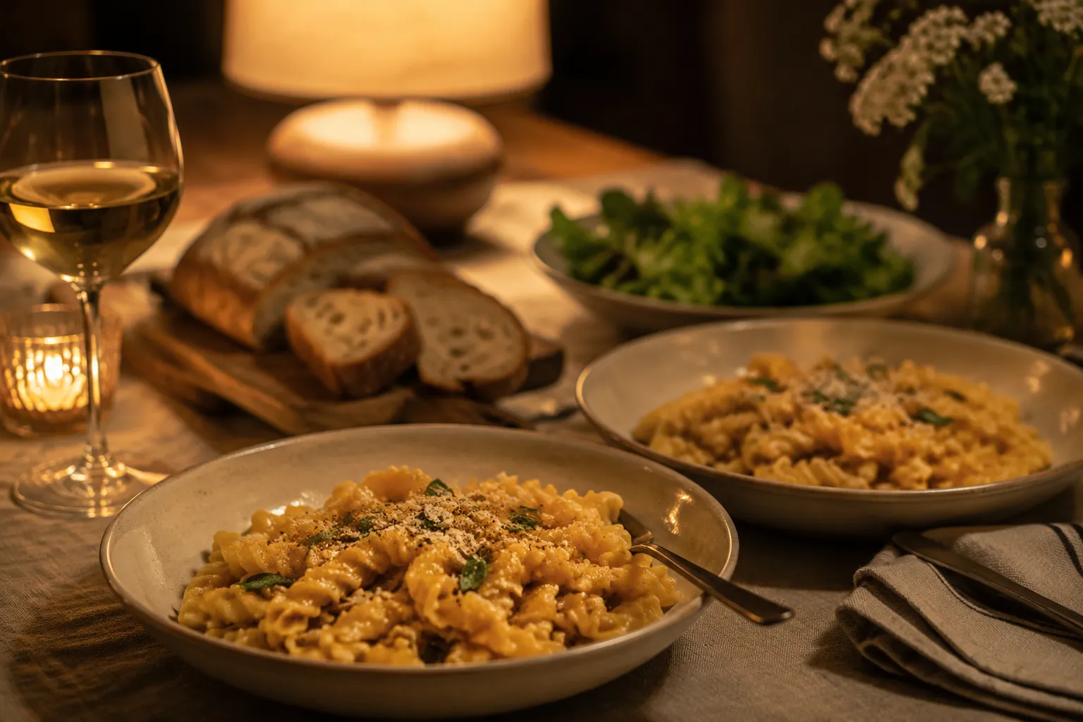 Two bowls of campanelle pasta served on a cozy dinner table with wine and bread