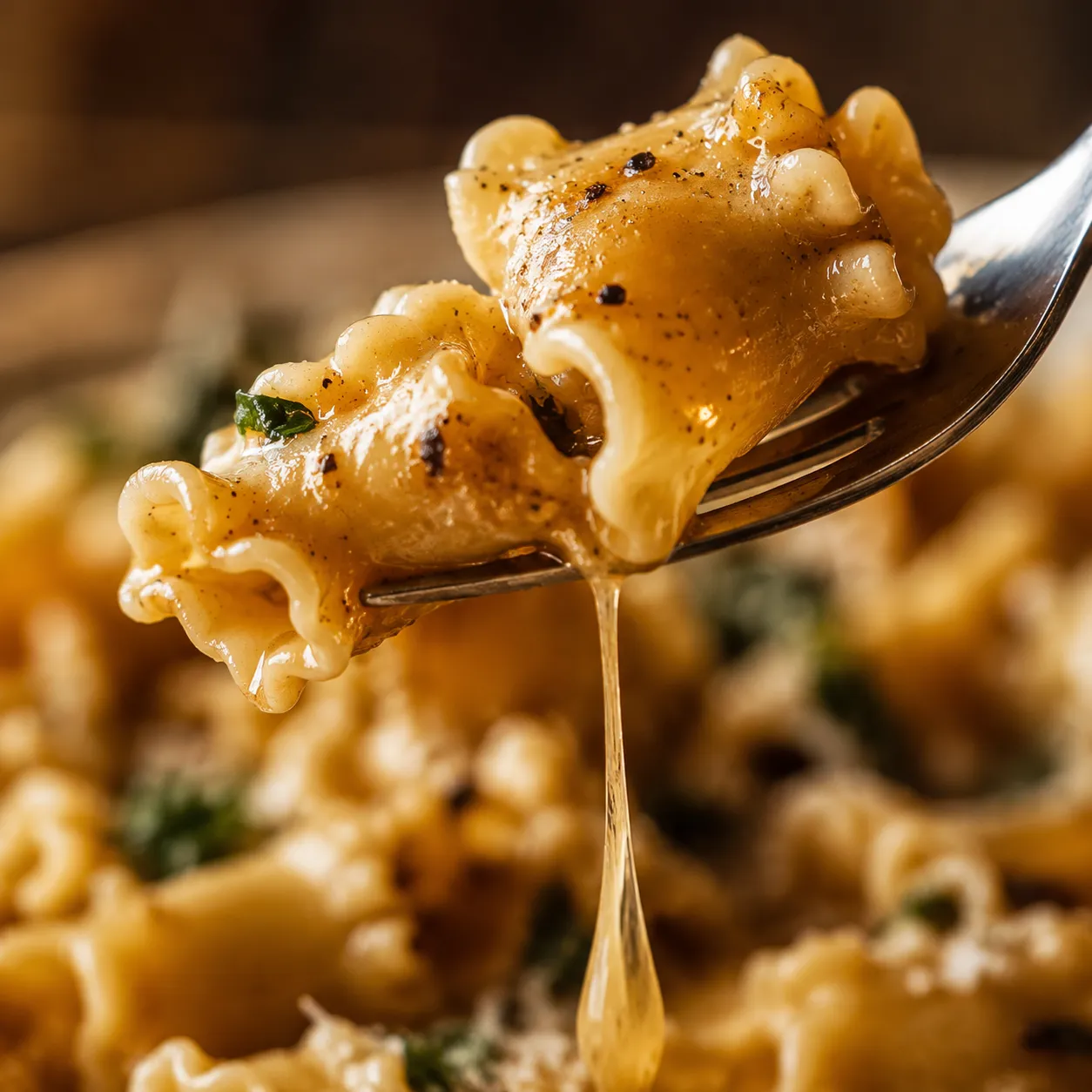 Close-up forkful of campanelle pasta with brown butter sauce dripping