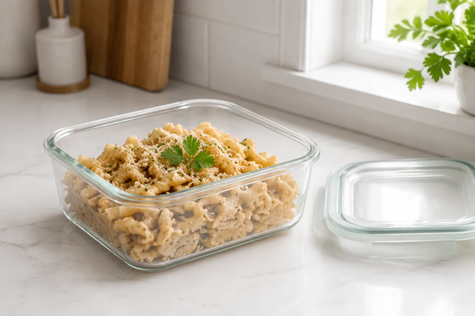Leftover campanelle pasta stored in a glass meal prep container