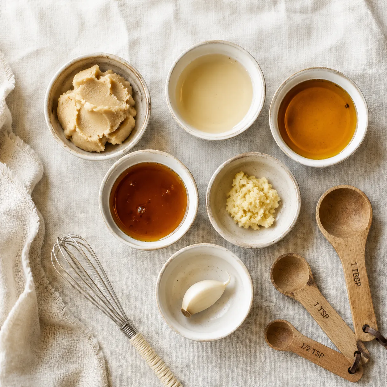 Miso paste recipe ingredients flatlay with white miso, sesame oil, ginger, and rice vinegar