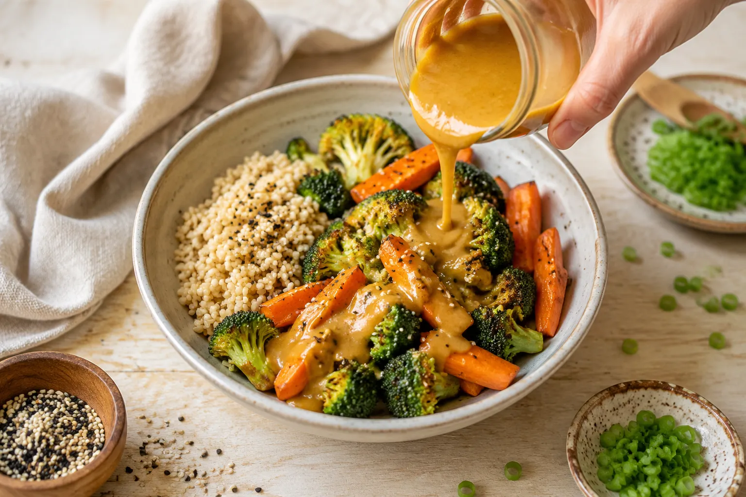 Easy miso paste sauce drizzled over roasted vegetable bowl
