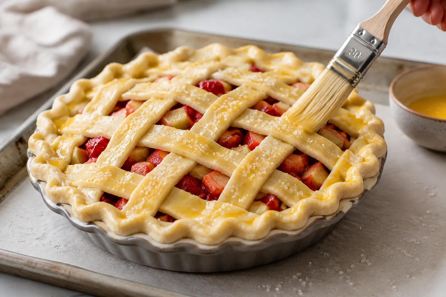 Brushing egg wash on lattice strawberry rhubarb pie before baking.