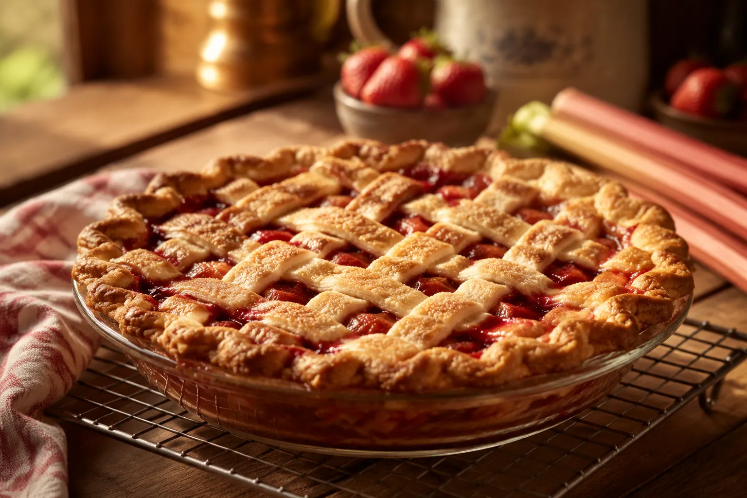 Baked strawberry rhubarb pie cooling on a wire rack.