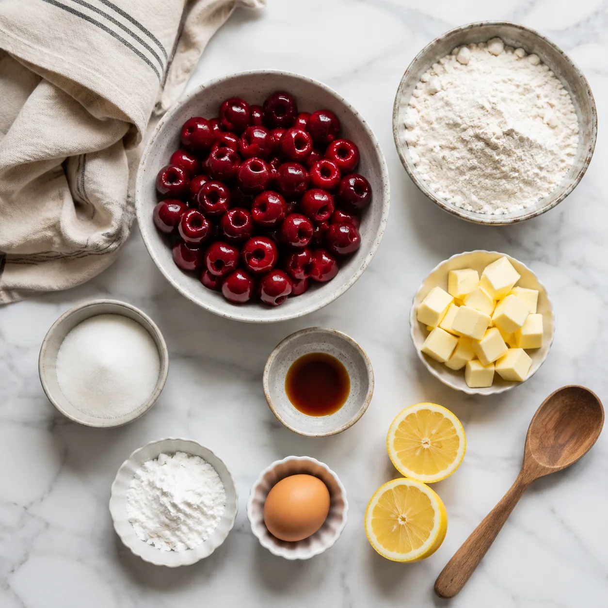 Cherry pie recipe ingredients including fresh cherries, butter, and flour