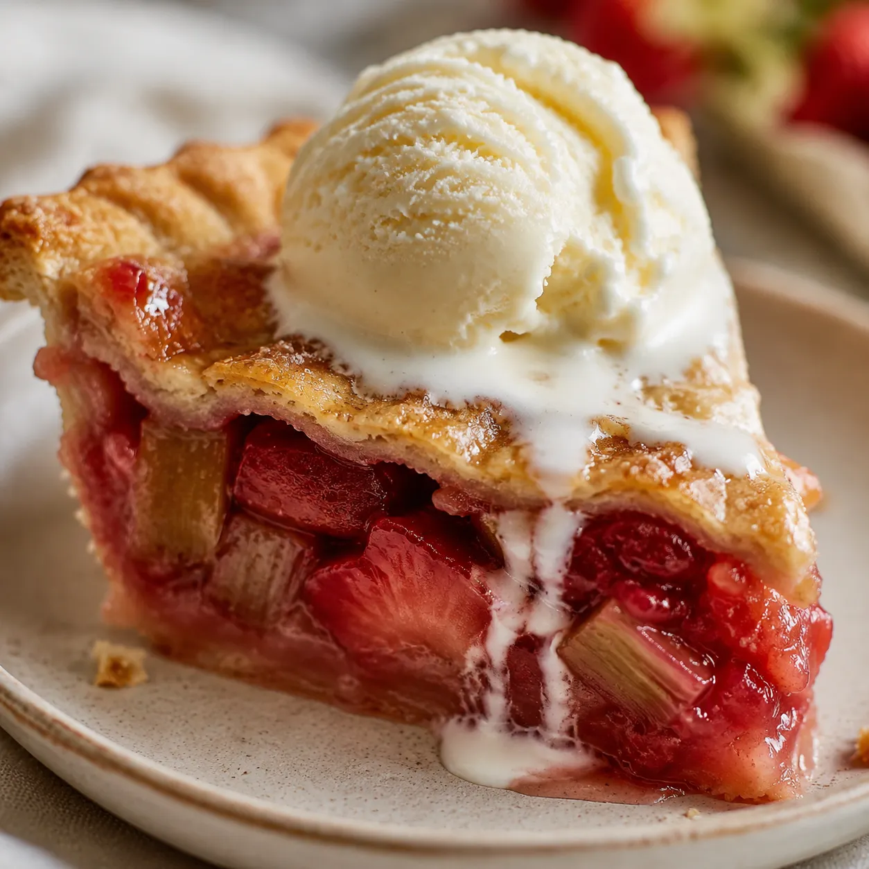 Slice of strawberry rhubarb pie with melting vanilla ice cream.