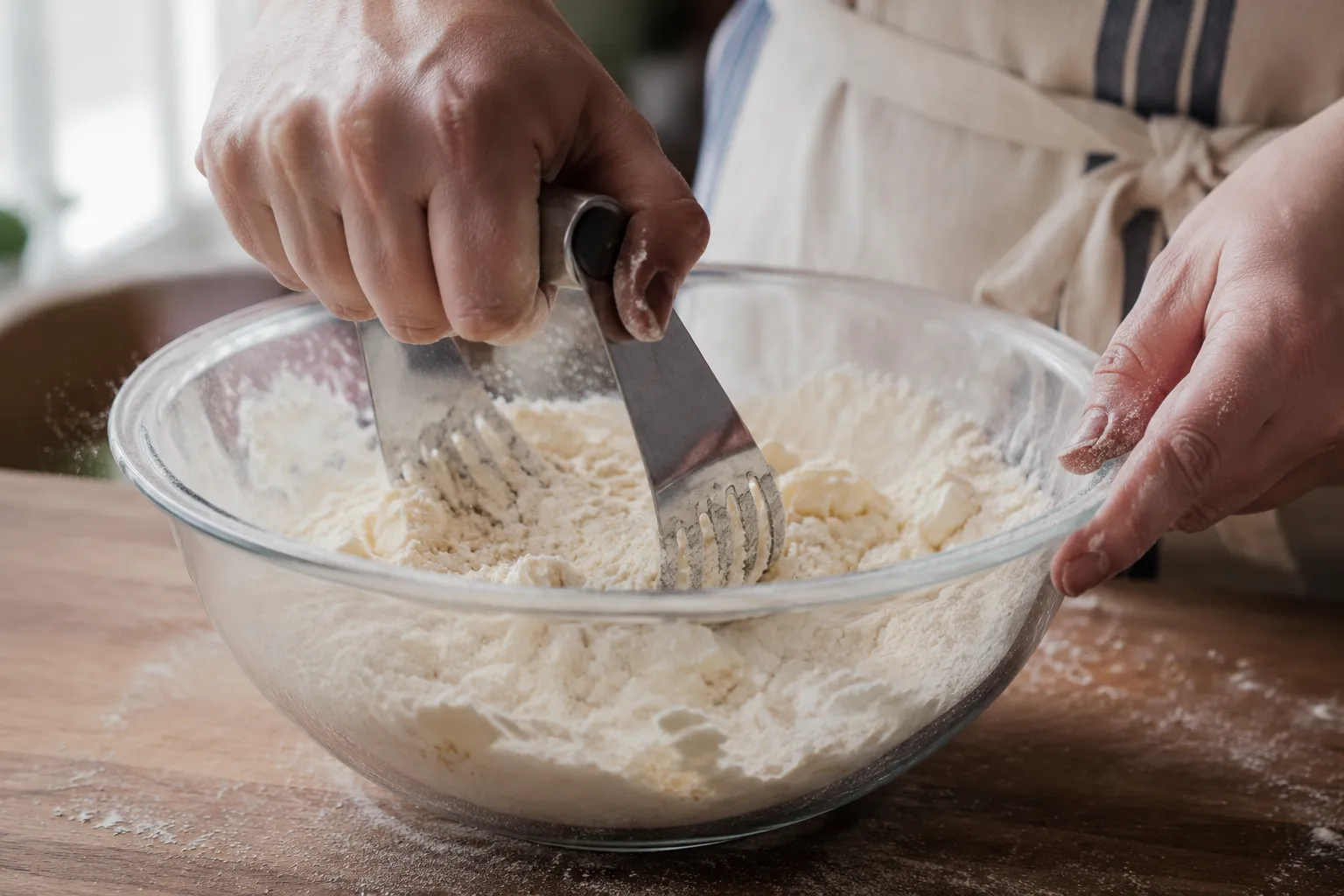 Making flaky pie crust by cutting butter into flour for cherry pie