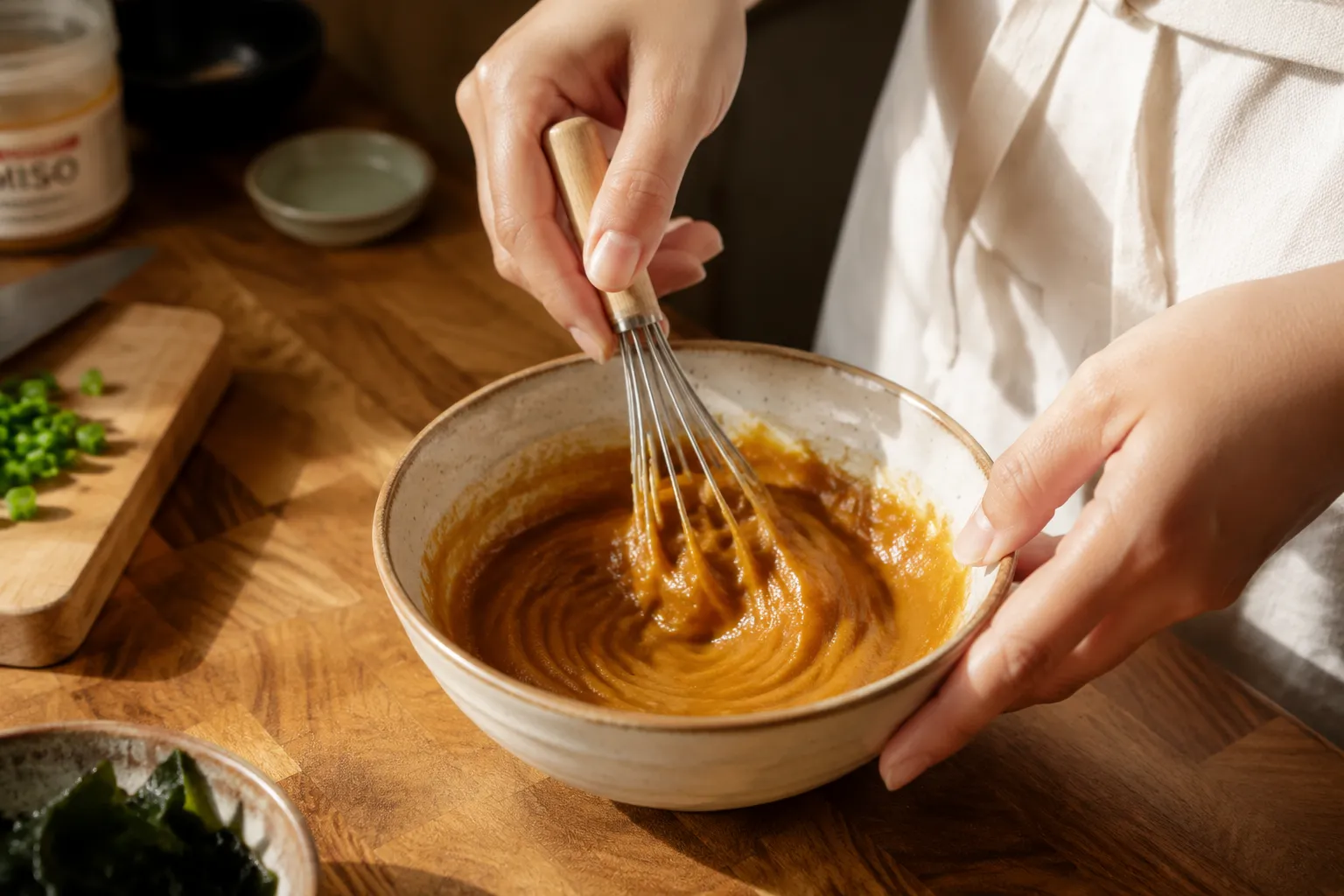 Whisking miso paste smooth with warm water for a quick sauce
