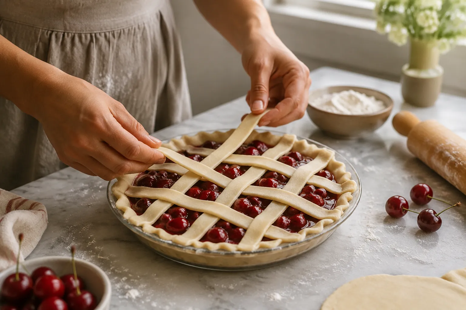 Weaving a lattice crust over homemade cherry pie filling