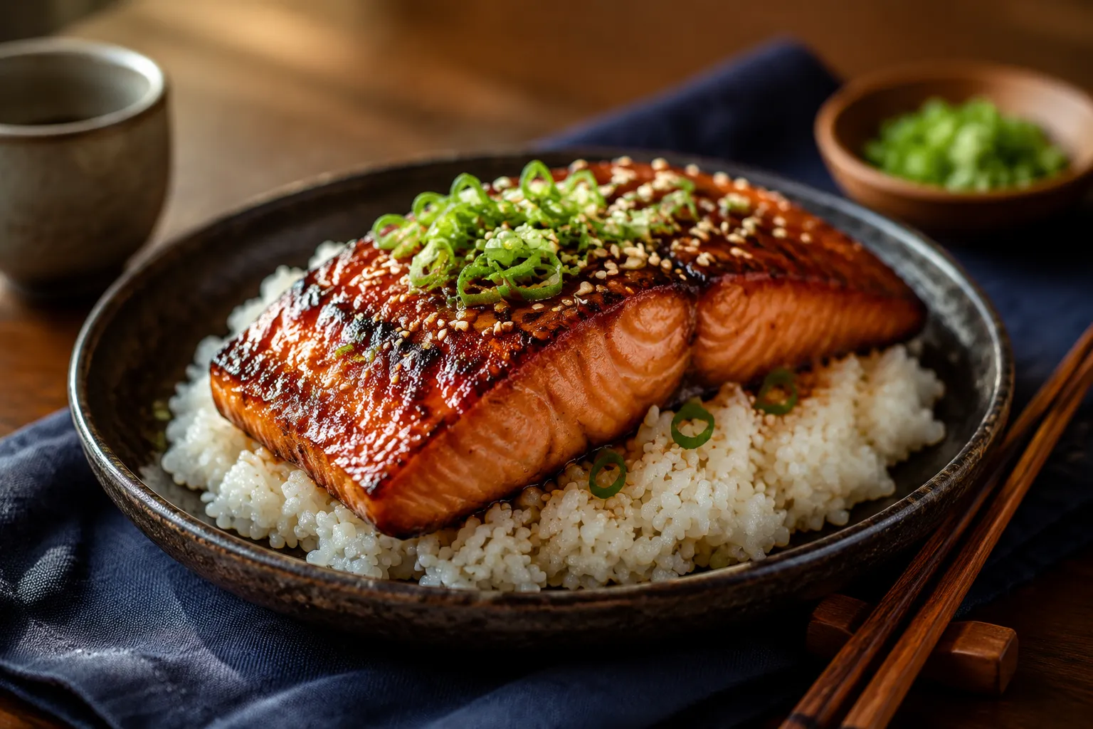 Miso paste glazed salmon recipe with scallions and sesame seeds