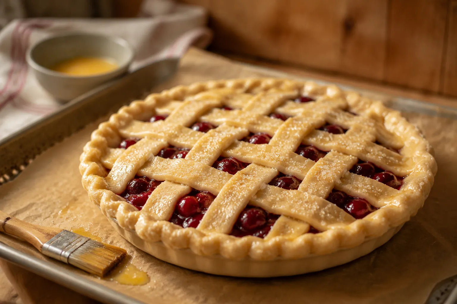 Unbaked cherry pie brushed with egg wash before baking