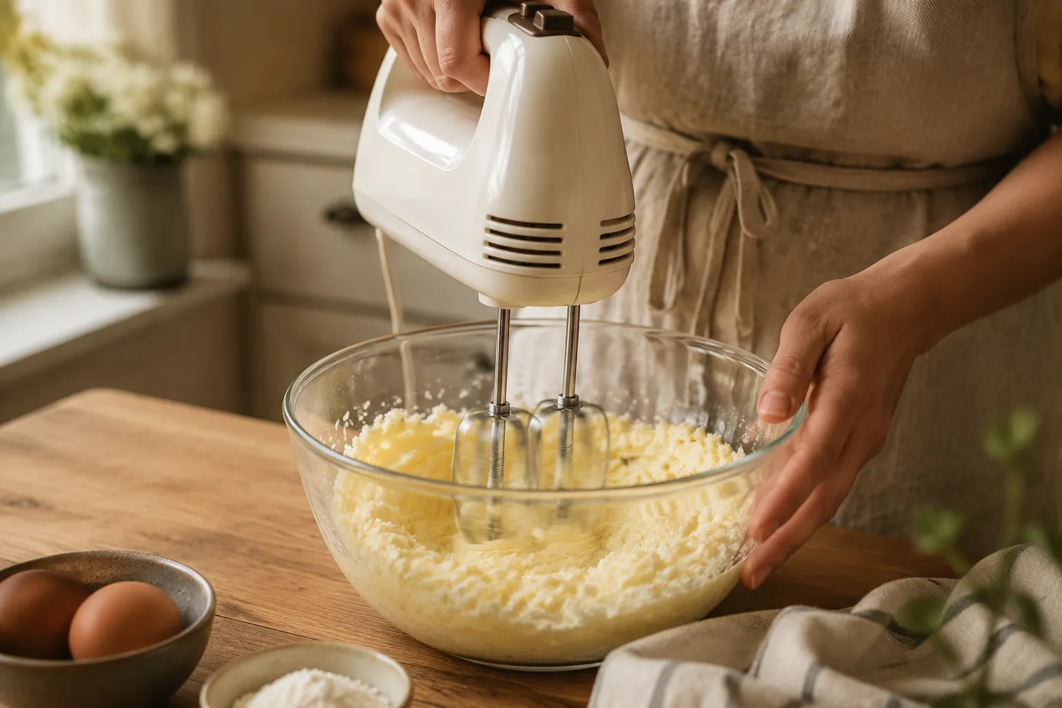 Creaming butter and sugar for easy sugar cookie recipe in a glass bowl
